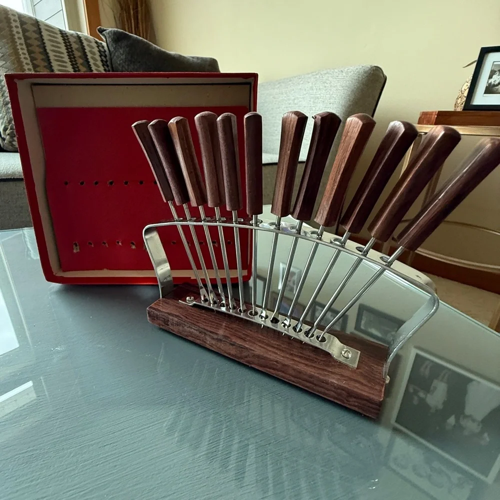 Vintage Cocktail Appetizer Stainless Steel and Rosewood Stand Bar Rostfrei Set.